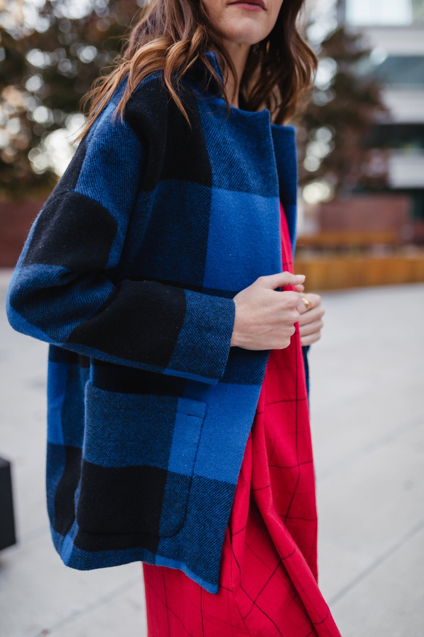 Portuguese Wool Pieper Coat in Cobalt and Black Plaid Made to Order