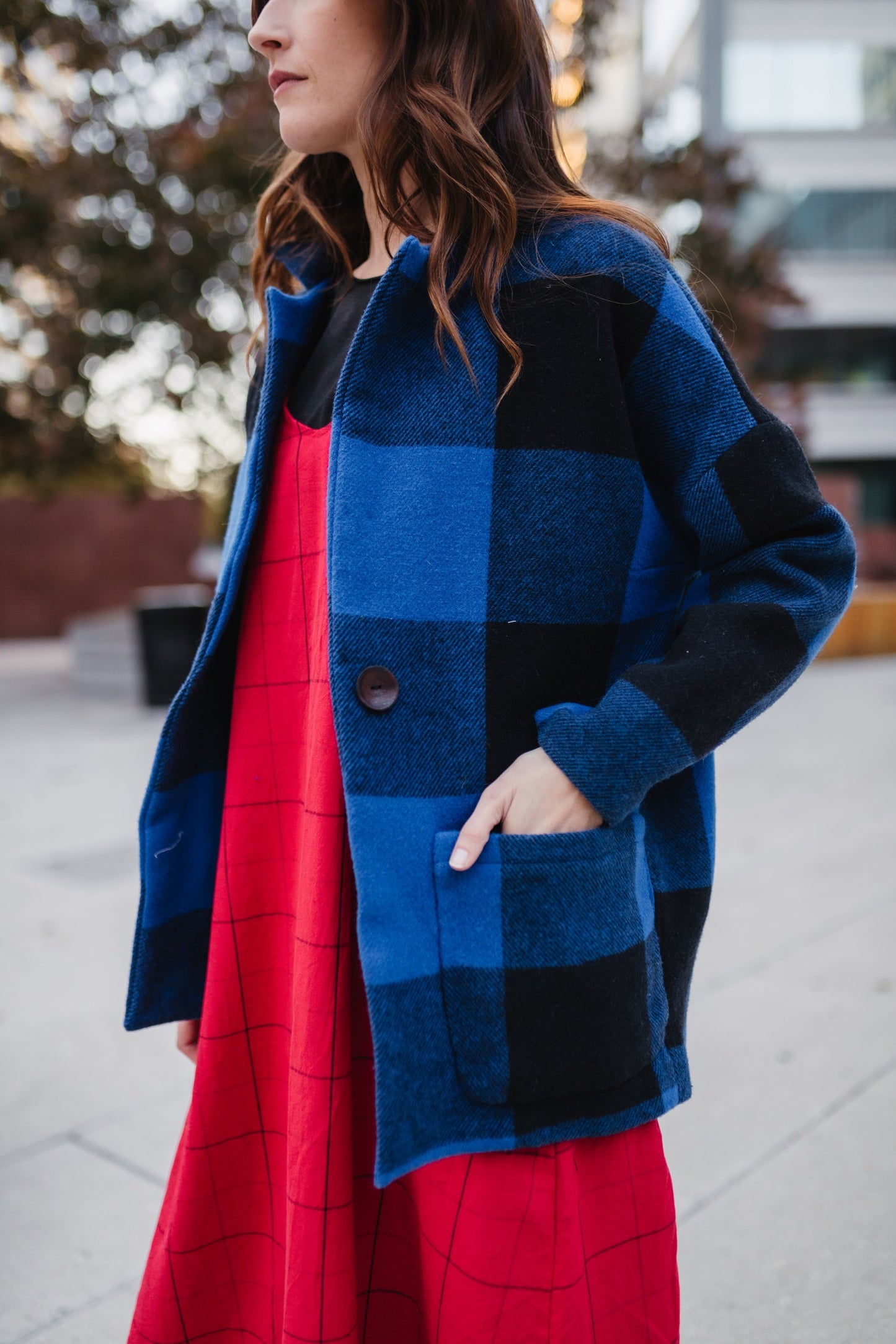 Portuguese Wool Pieper Coat in Cobalt and Black Plaid Made to Order