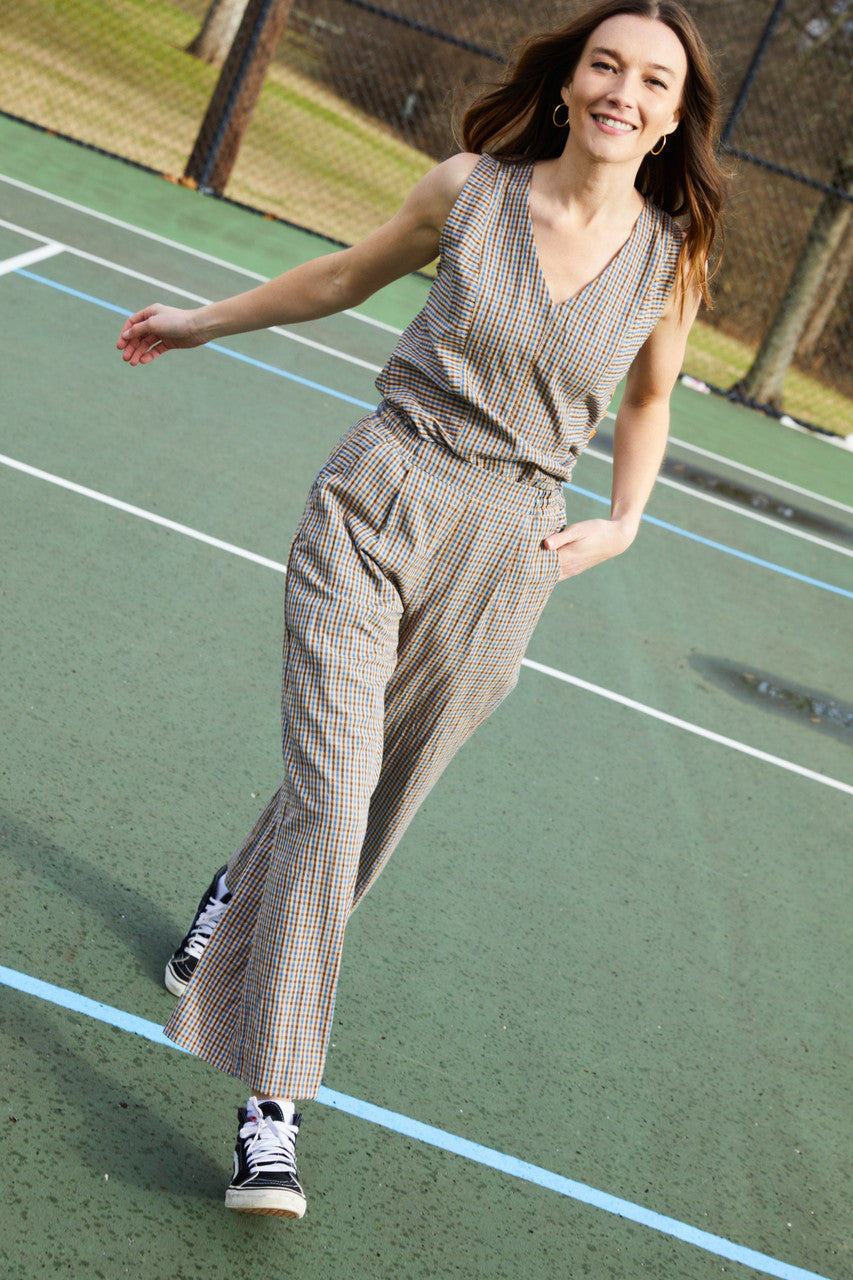 Handwoven Beatrice Shirt in Brown and Blue Plaid Made to Order