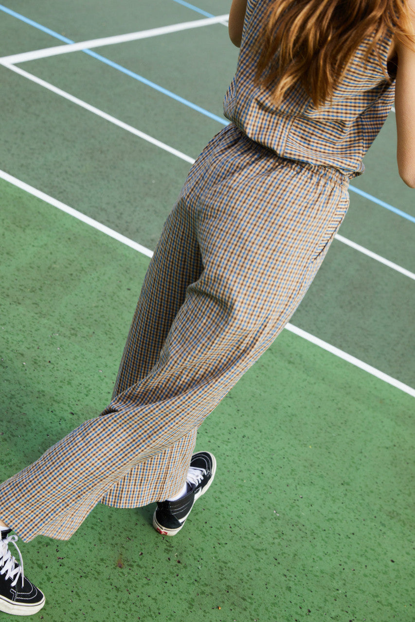 Handwoven Beatrice Shirt in Brown and Blue Plaid Made to Order