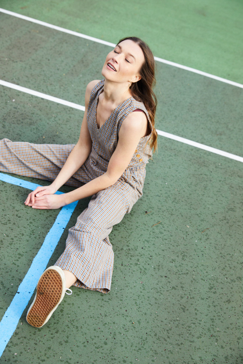 Handwoven Beatrice Shirt in Brown and Blue Plaid Made to Order