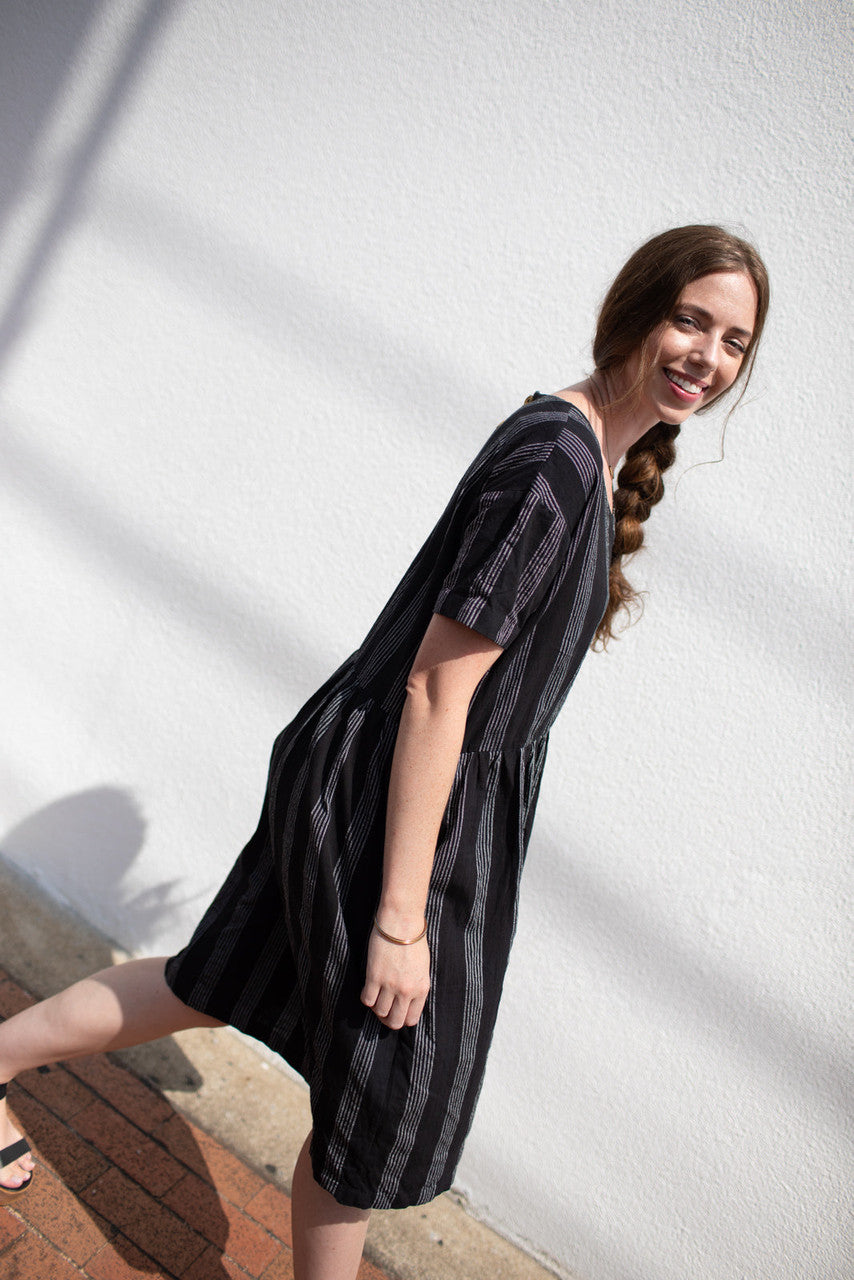 Eloise Handwoven Cotton Dress in Black and White Stripe