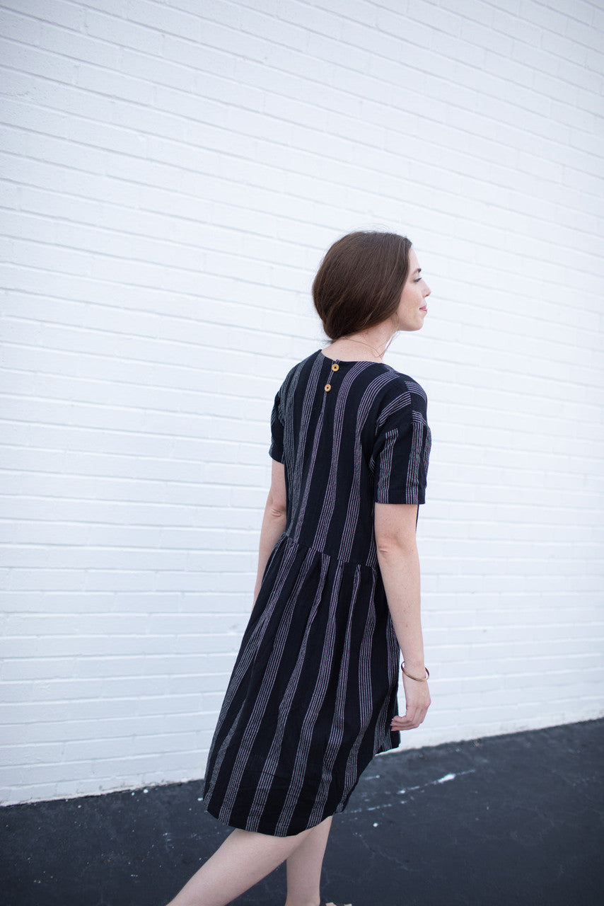 Eloise Handwoven Cotton Dress in Black and White Stripe