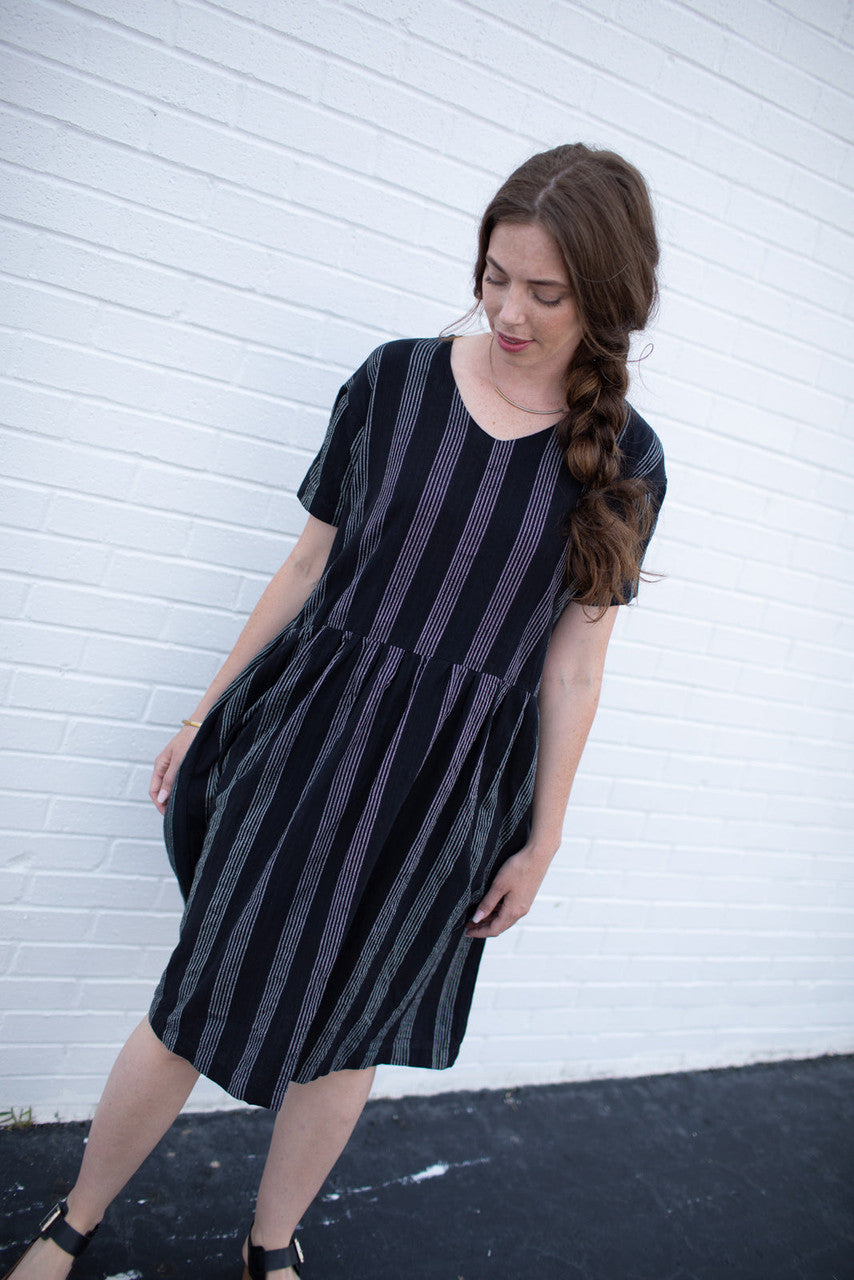 Eloise Handwoven Cotton Dress in Black and White Stripe