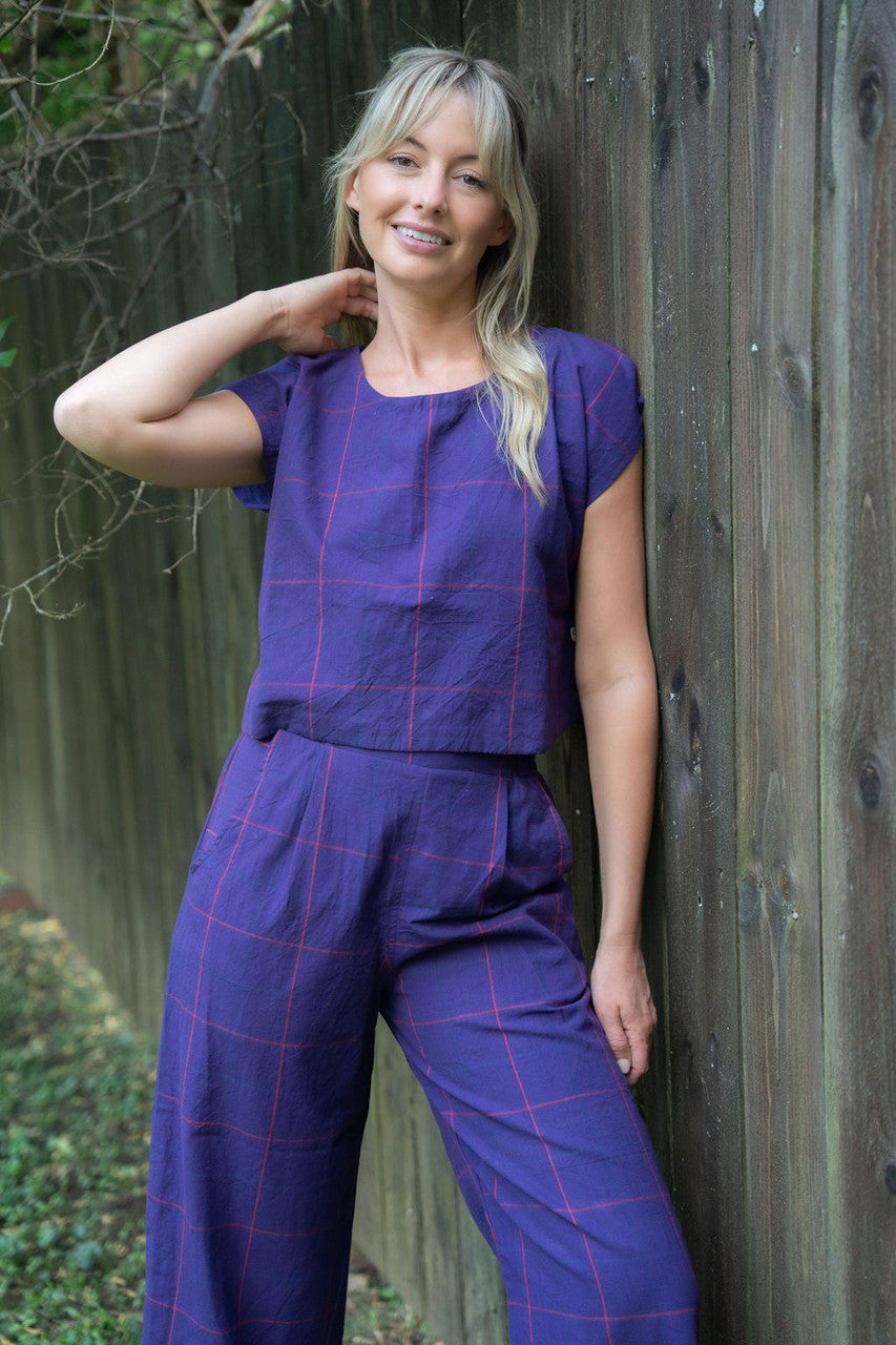 Katie Handwoven Cotton Set in Plum Set - XS Pants, S M and XL Shirt