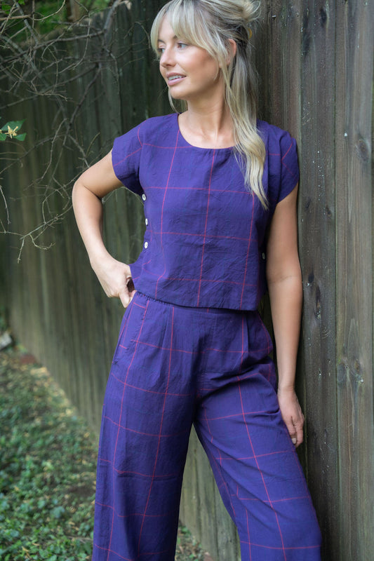 Handwoven Cotton Pants in Plum Check Made to Order
