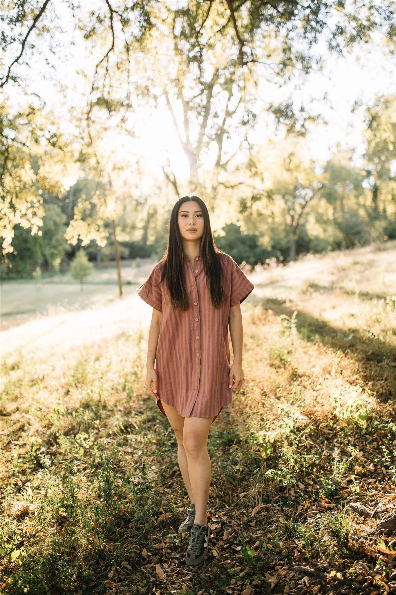 Paige Handwoven Cotton Relaxed Shirt Dress in Mauve and Dust Stripe L