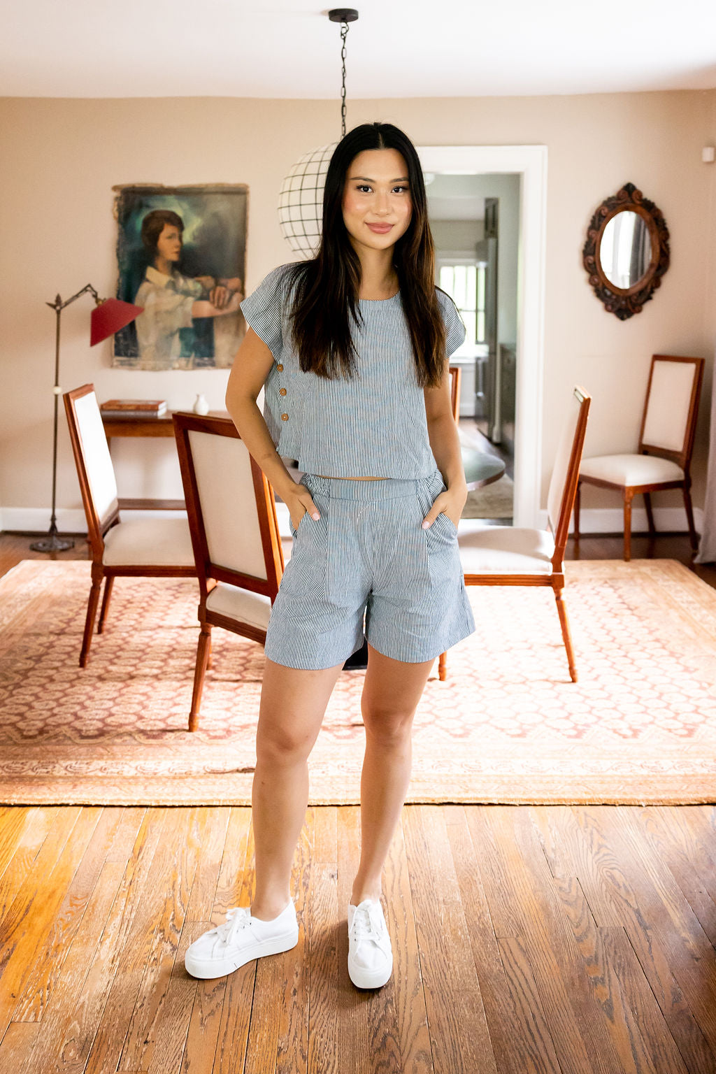 Handwoven Cotton Katie Crop Pants in Blue and White Pin Stripe
