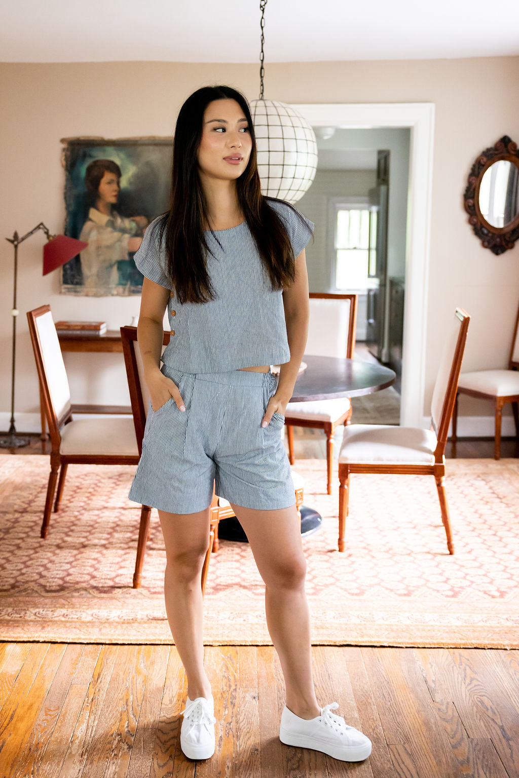 Handwoven Cotton Katie Crop Pants in Blue and White Pin Stripe