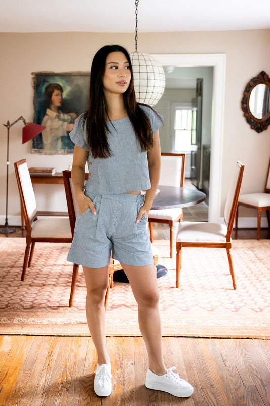 Handwoven Cotton Katie Crop Pants in Blue and White Pin Stripe