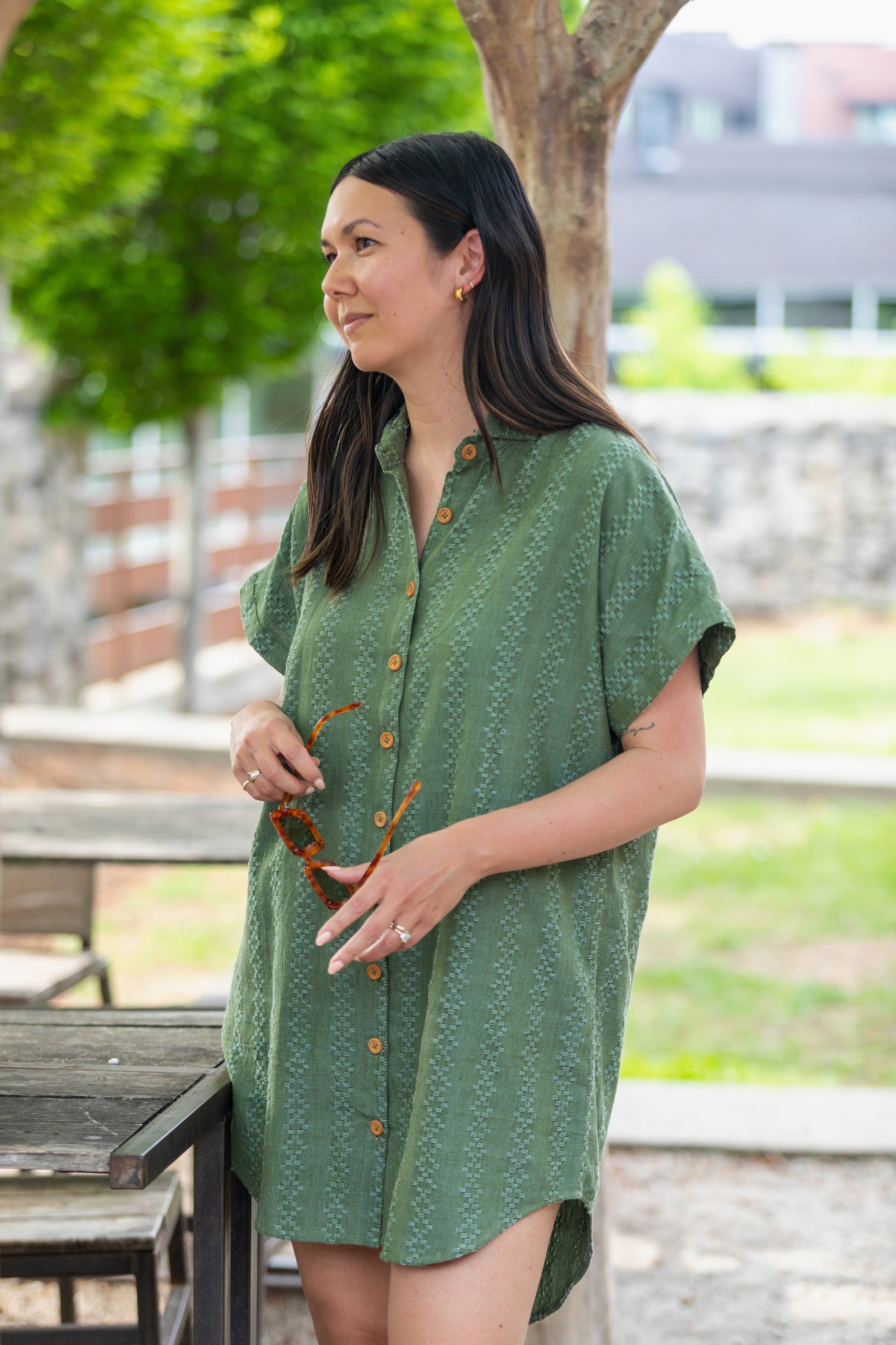 Paige Handwoven Cotton Relaxed Shirt Dress in Green Check XS