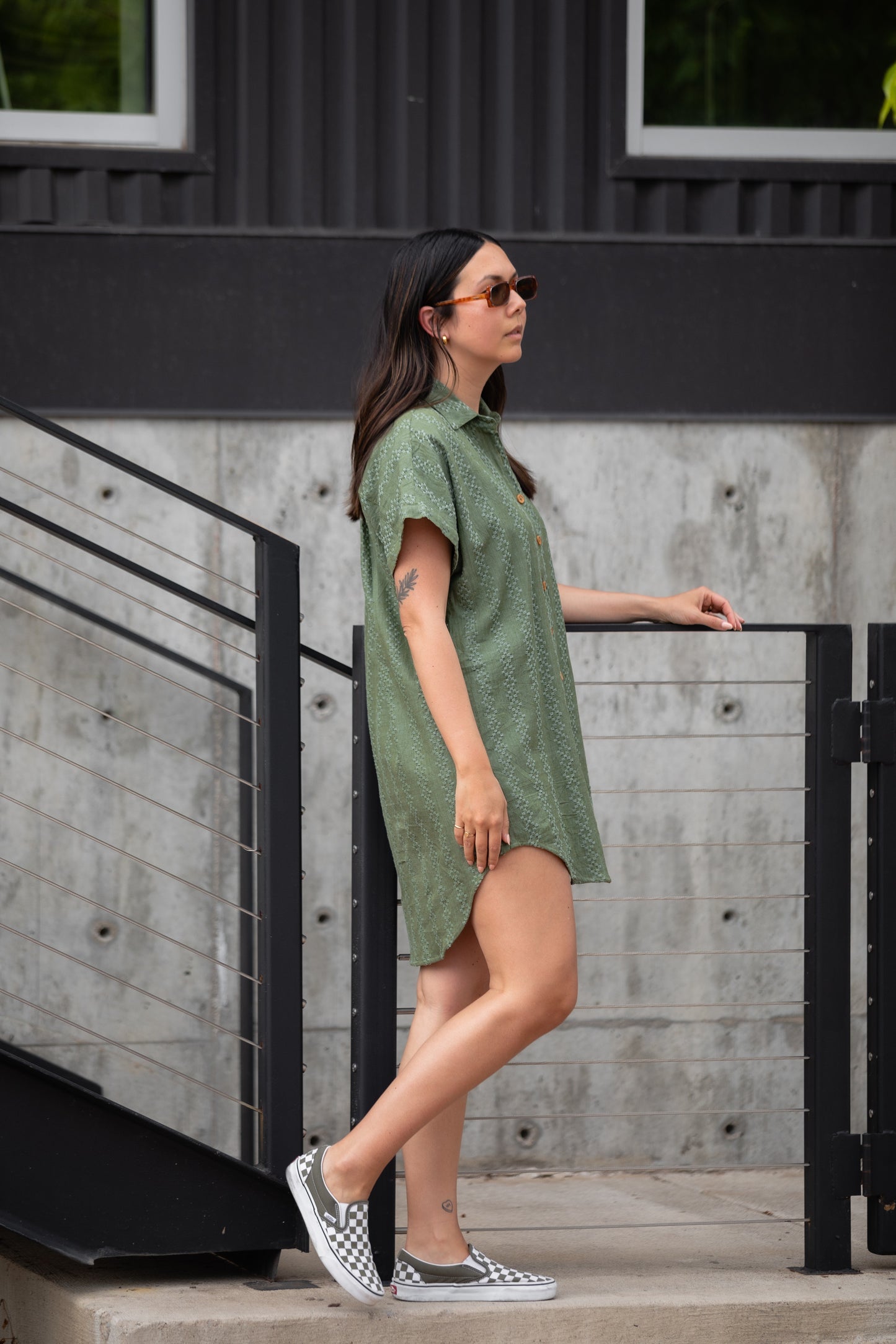 Paige Handwoven Cotton Relaxed Shirt Dress in Green Check Made to Order