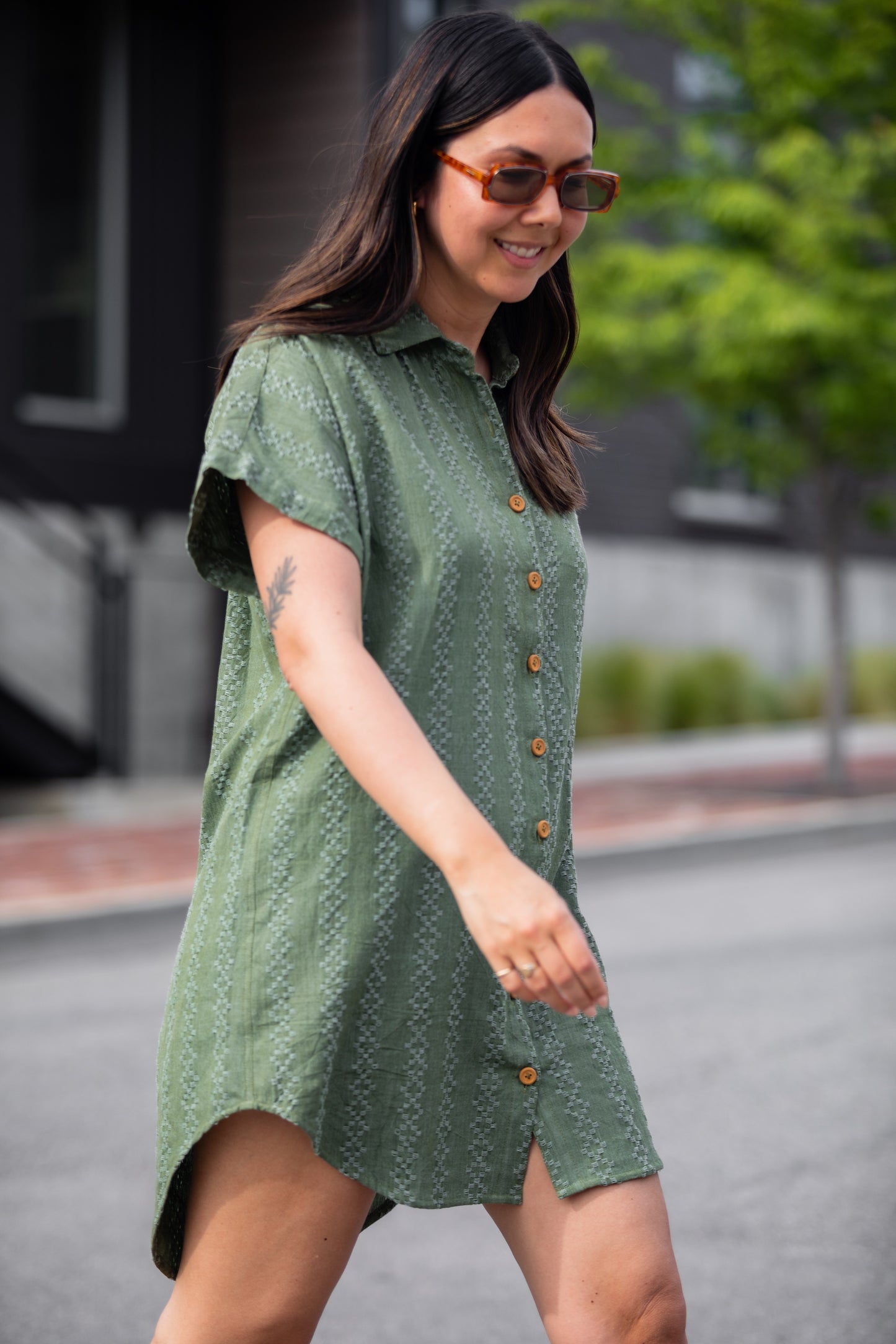 Paige Handwoven Cotton Relaxed Shirt Dress in Green Check Made to Order