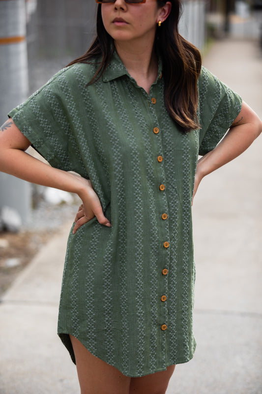 Paige Handwoven Cotton Relaxed Shirt Dress in Green Check Made to Order