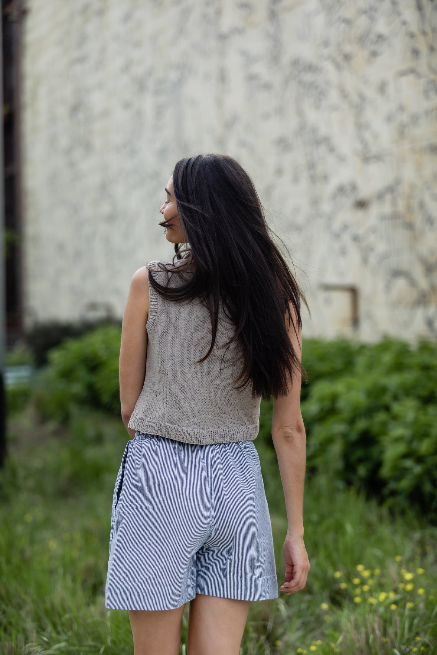 Handwoven Cotton Katie Crop Pants in Blue and White Pin Stripe