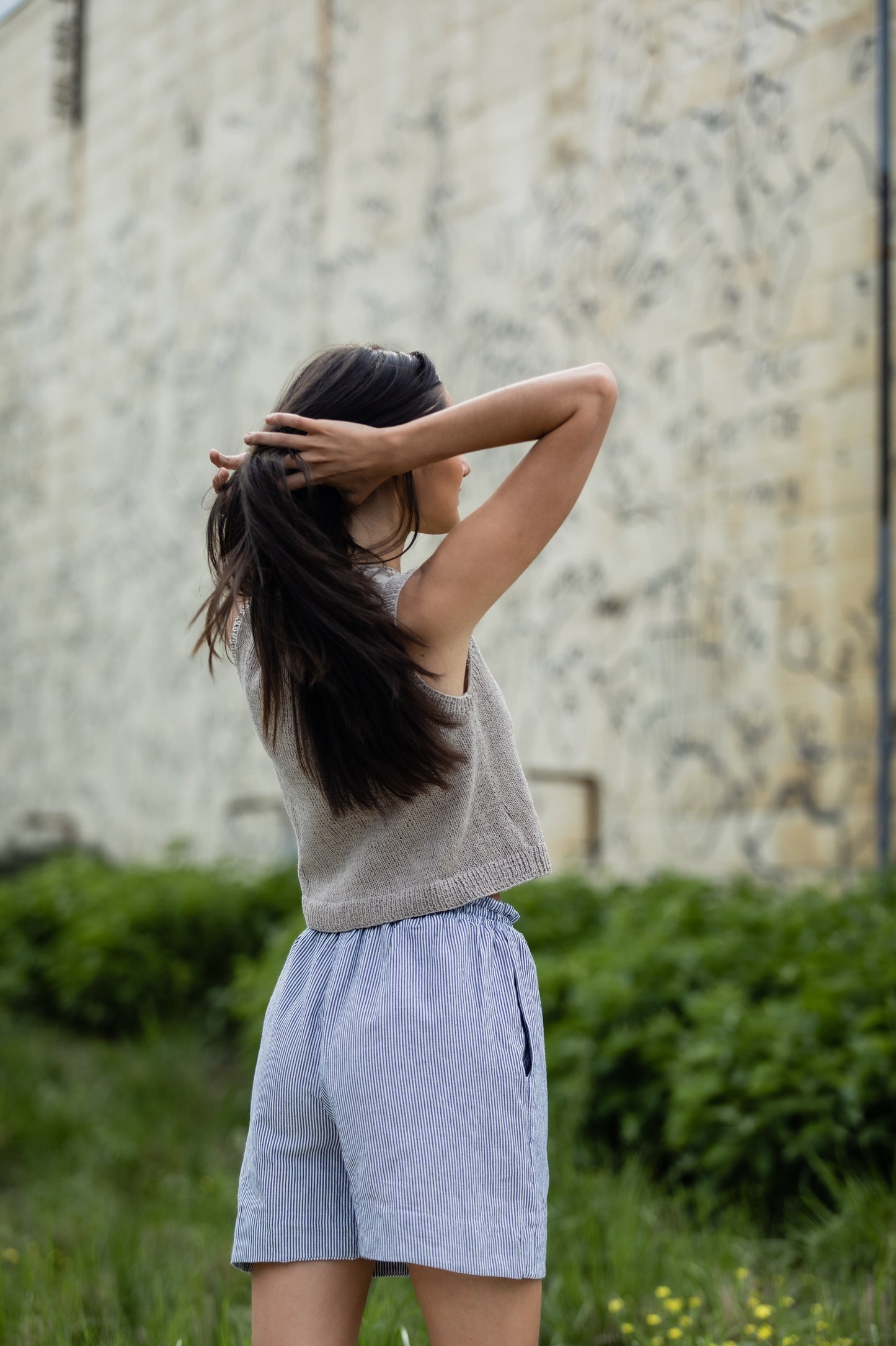 Handwoven Cotton Katie Crop Pants in Blue and White Pin Stripe