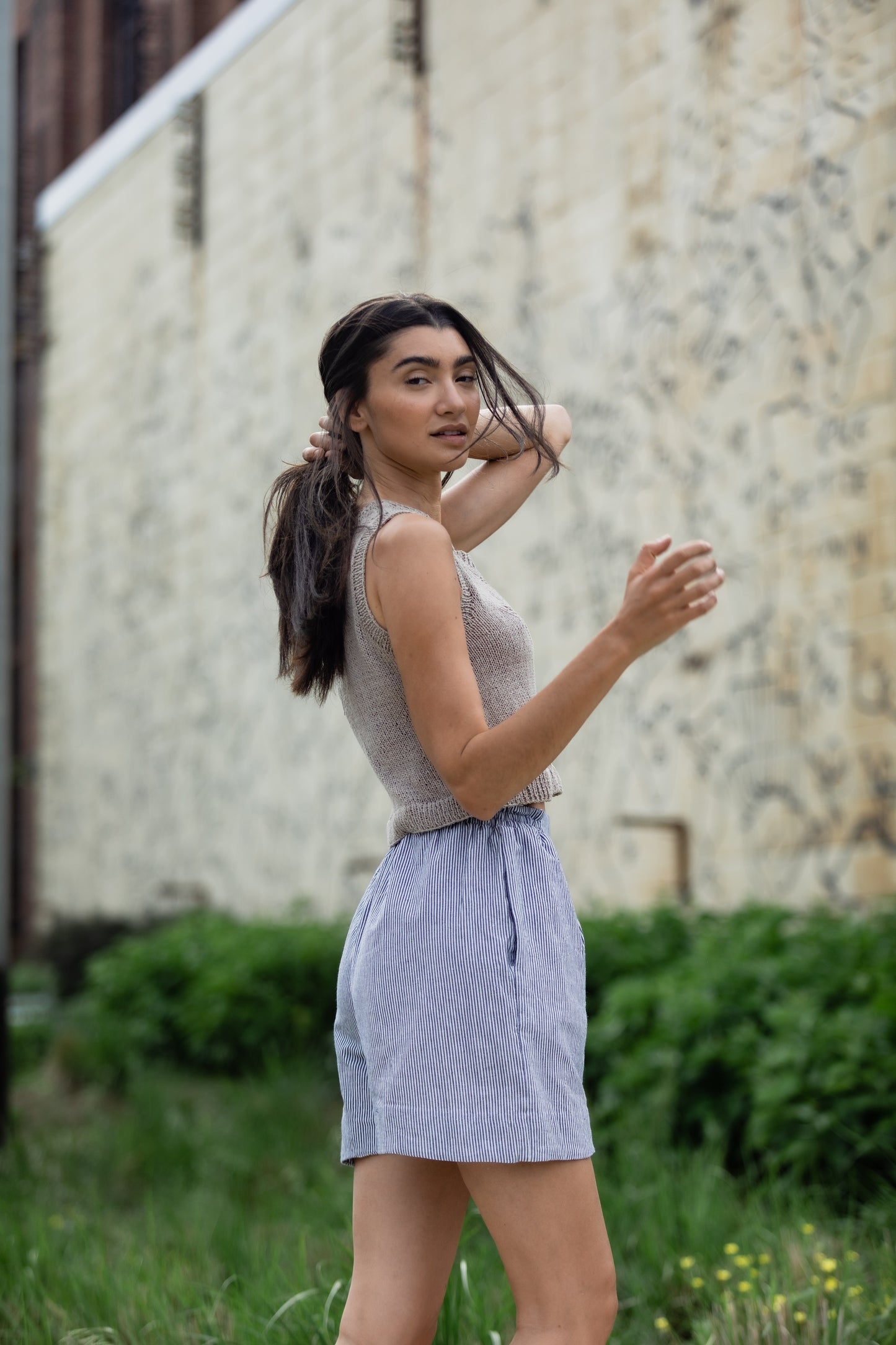 Handwoven Cotton Katie Crop Pants in Blue and White Pin Stripe