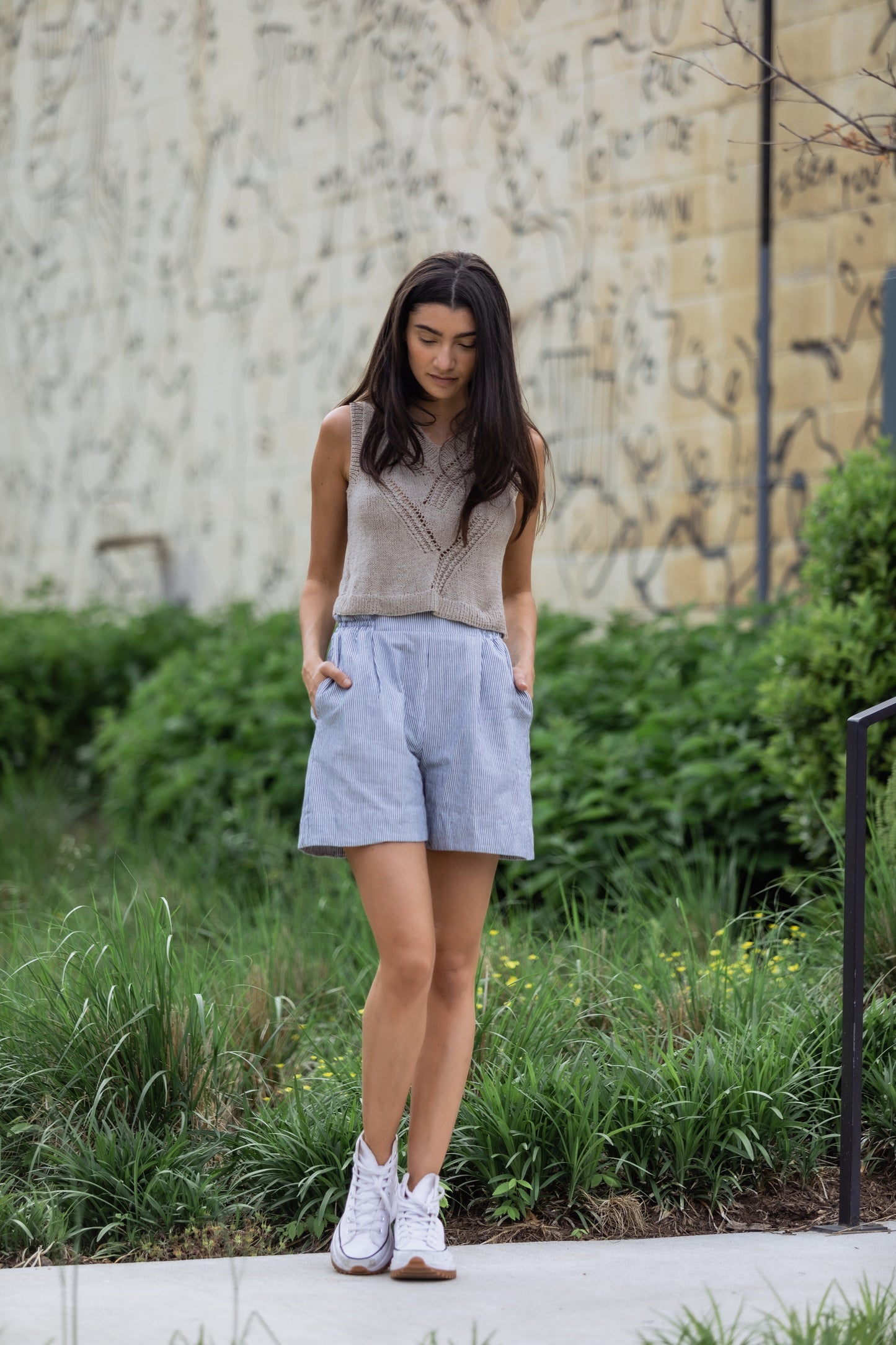 Handwoven Cotton Katie Crop Pants in Blue and White Pin Stripe
