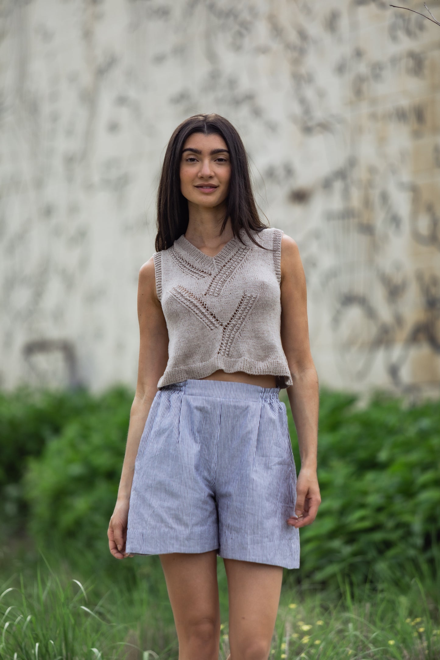 Handwoven Cotton Katie Crop Pants in Blue and White Pin Stripe