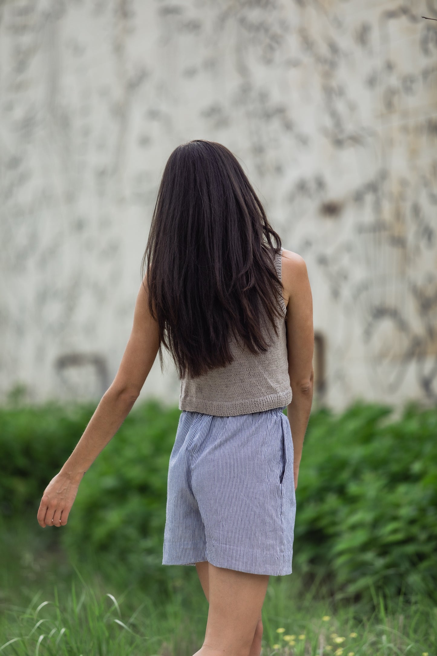 Handwoven Cotton Katie Crop Pants in Blue and White Pin Stripe