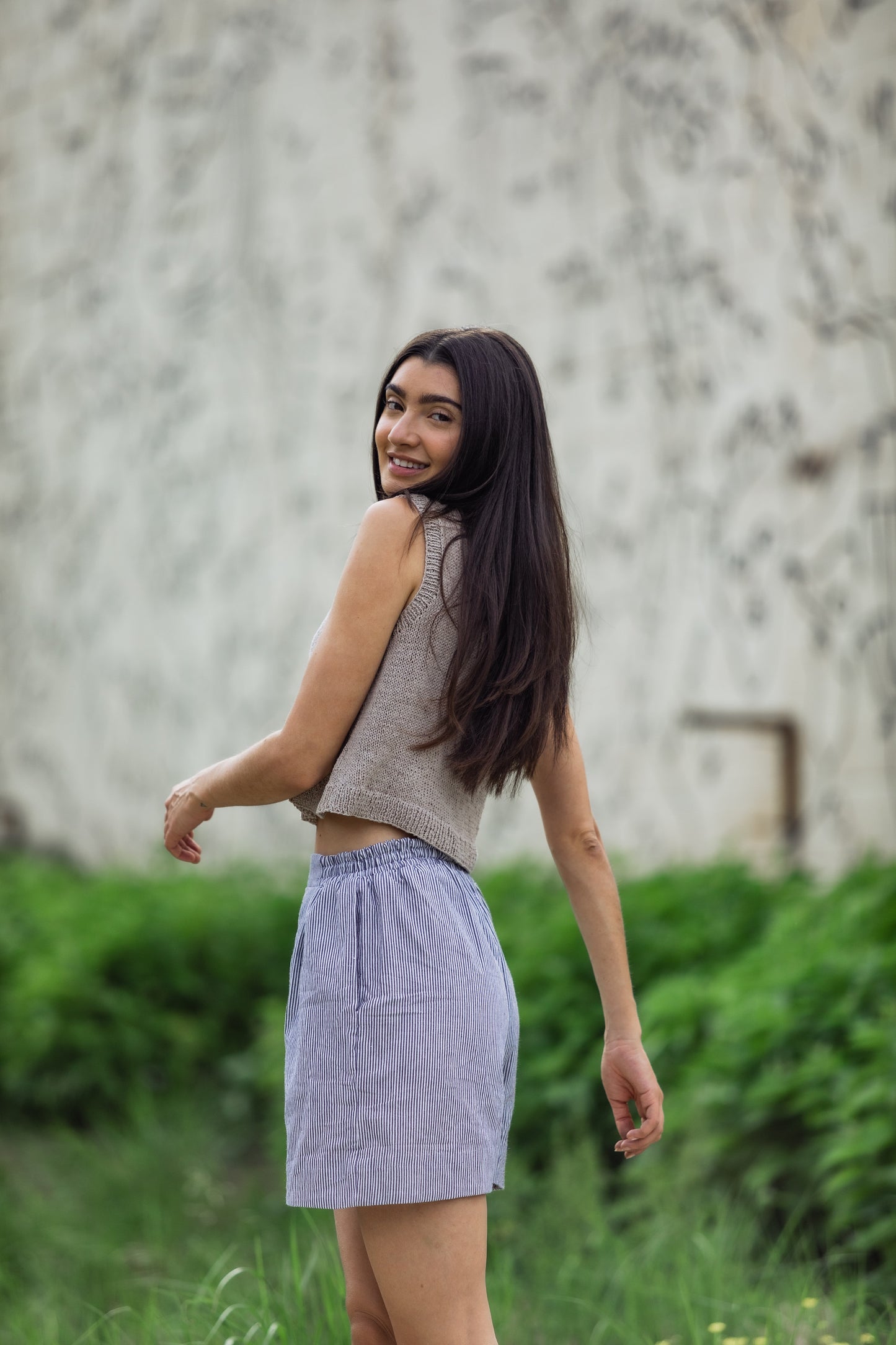 Handwoven Cotton Katie Crop Pants in Blue and White Pin Stripe
