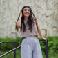 Handwoven Cotton Katie Crop Pants in Blue and White Pin Stripe