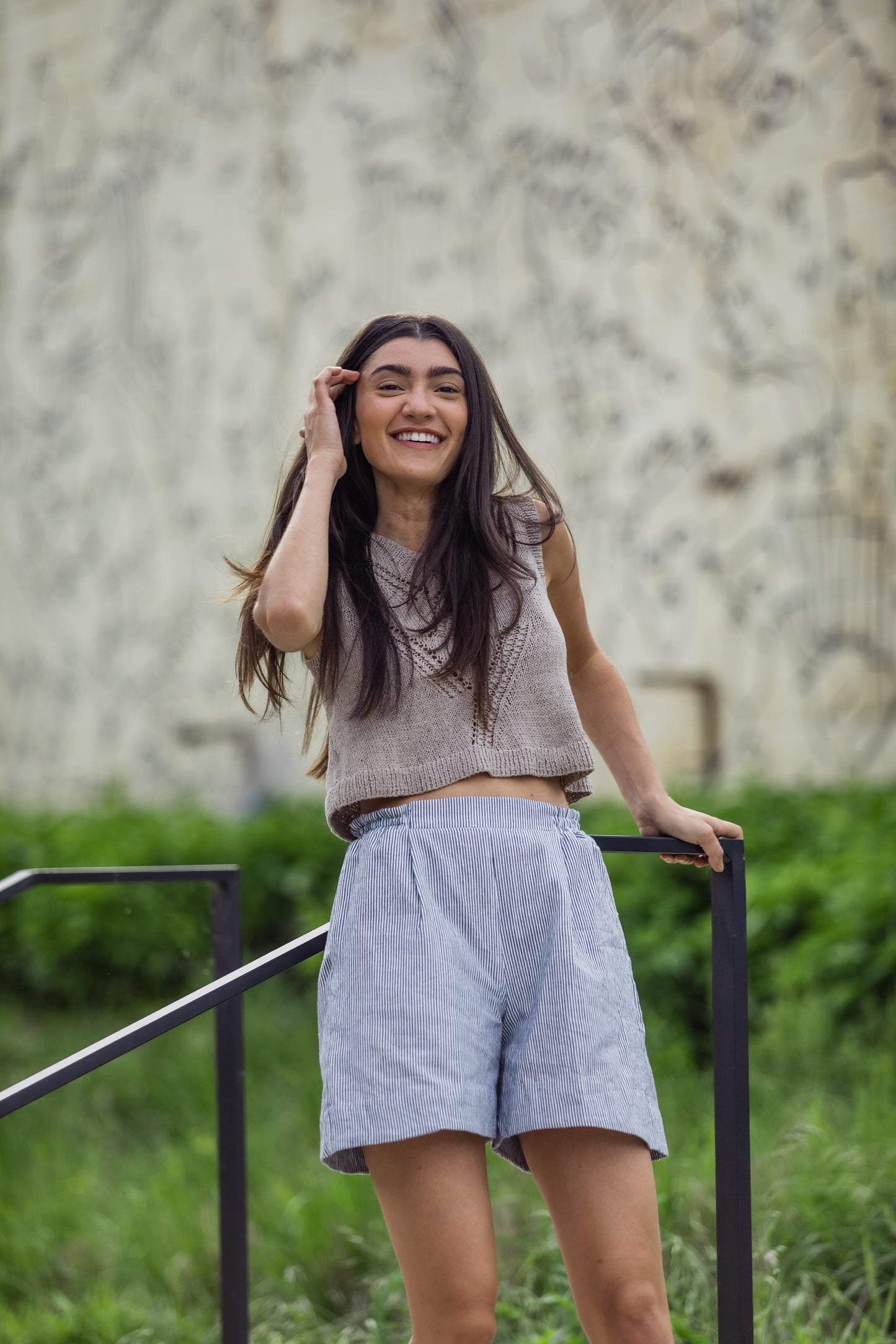 Handwoven Cotton Katie Crop Pants in Blue and White Pin Stripe