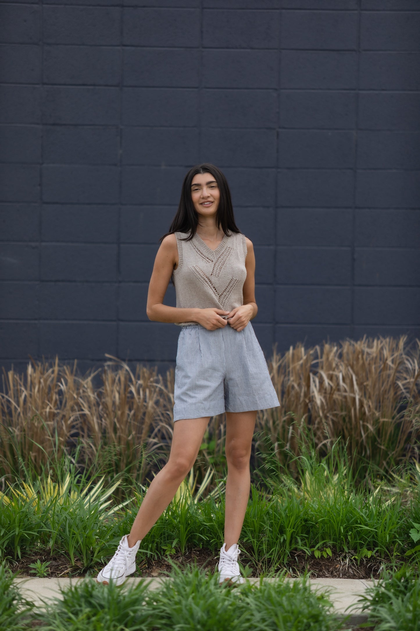 Handwoven Cotton Katie Crop Pants in Blue and White Pin Stripe