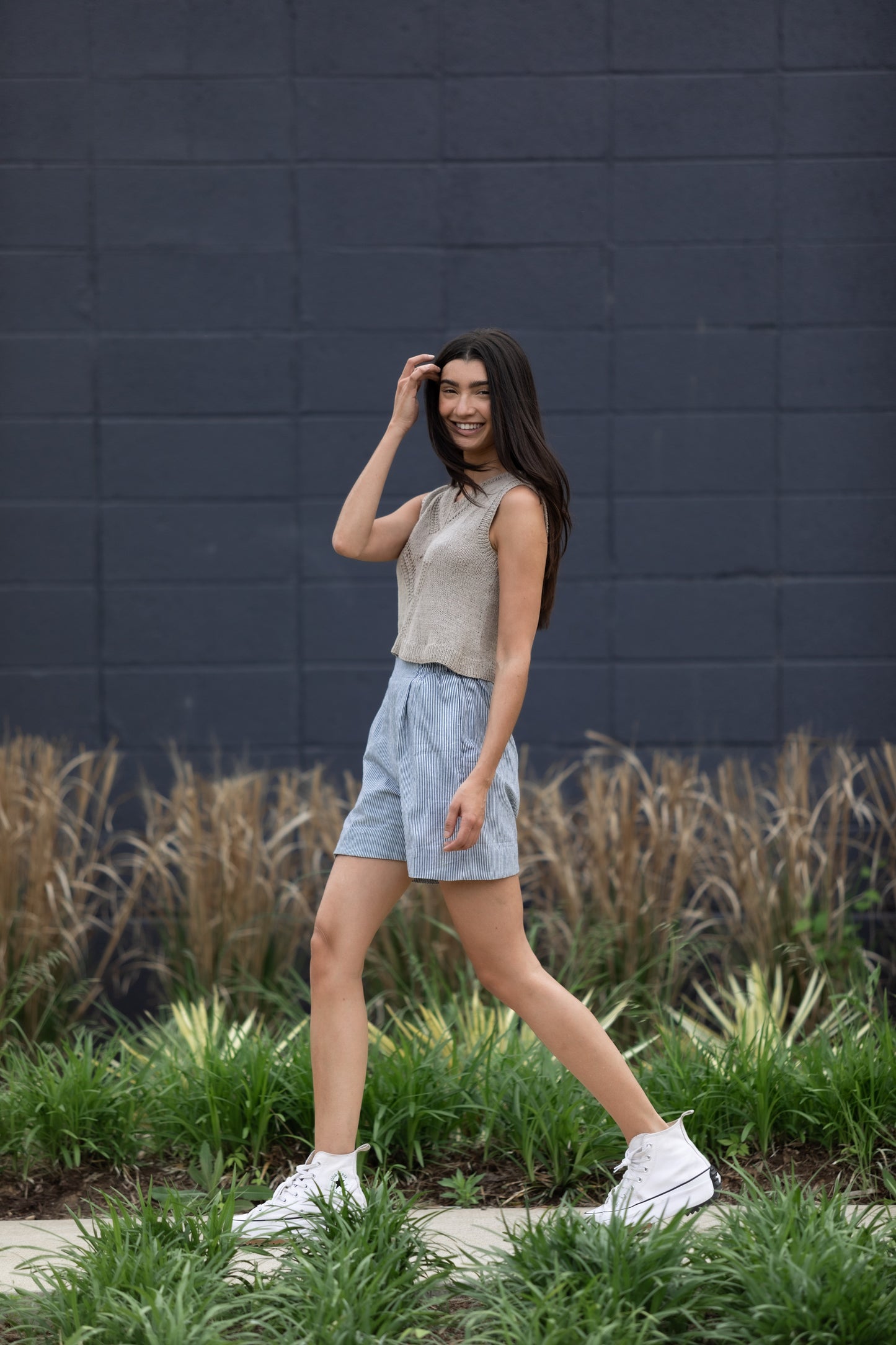 Handwoven Cotton Katie Crop Pants in Blue and White Pin Stripe