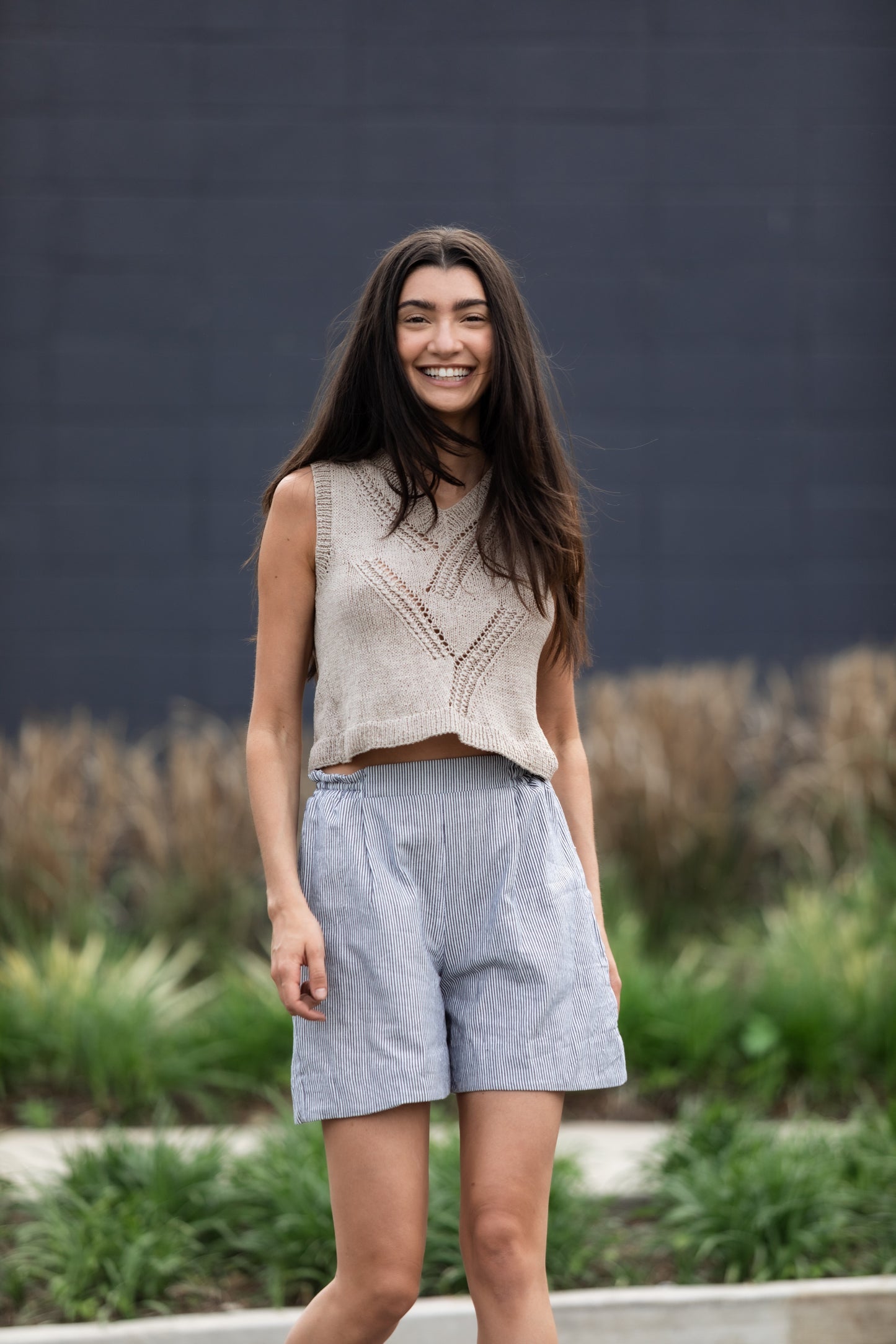 Handwoven Cotton Katie Crop Pants in Blue and White Pin Stripe