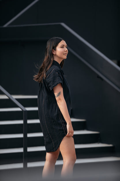 Paige Handwoven Cotton Relaxed Shirt Dress in Black Made to Order