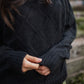 Baby Alpaca Lace Knit Mock Pullover in Black Made to Order