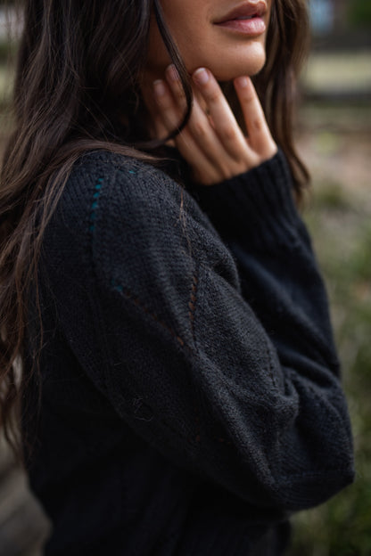 Baby Alpaca Lace Knit Mock Pullover in Black Made to Order