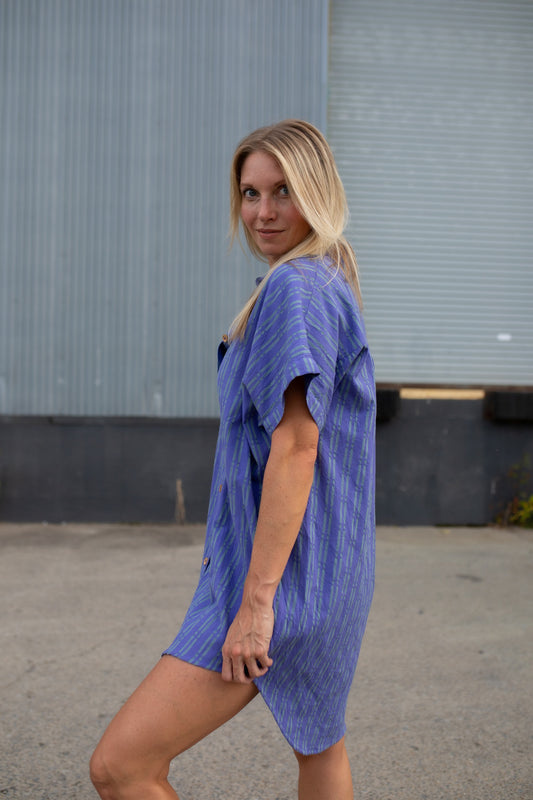 Paige Handwoven Cotton Relaxed Shirt Dress in Periwinkle and Kelly Green Made to Order