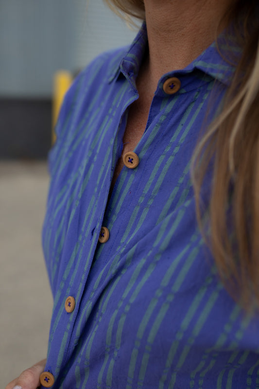 Paige Handwoven Cotton Relaxed Shirt Dress in Periwinkle and Kelly Green Made to Order