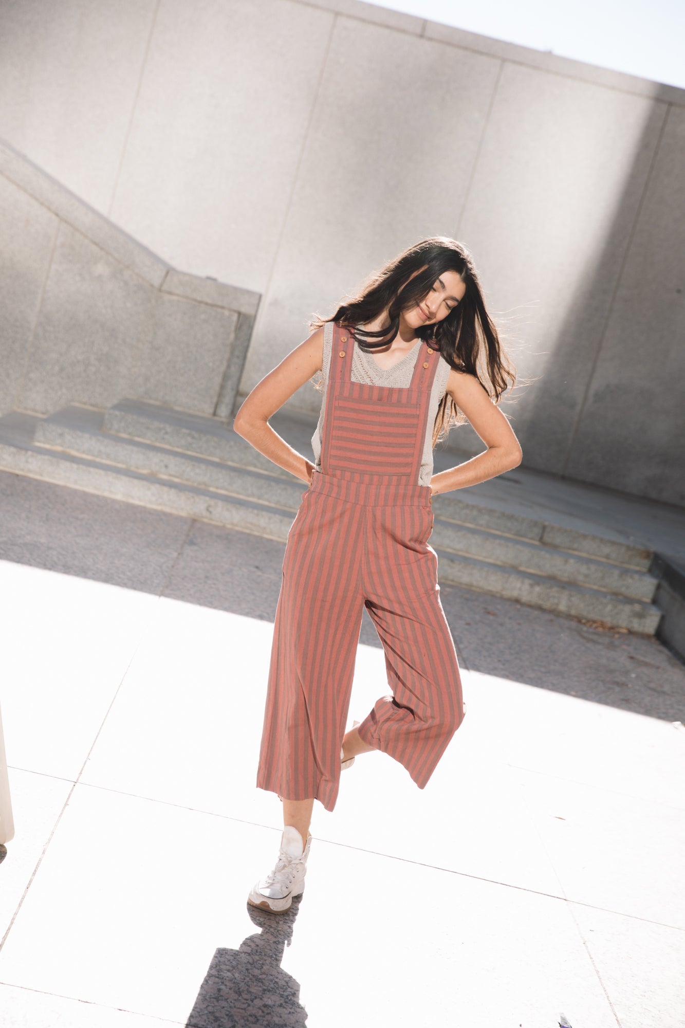 Dilsi Handwoven Cotton Overalls in Mauve and Dust Stripe Made to Order