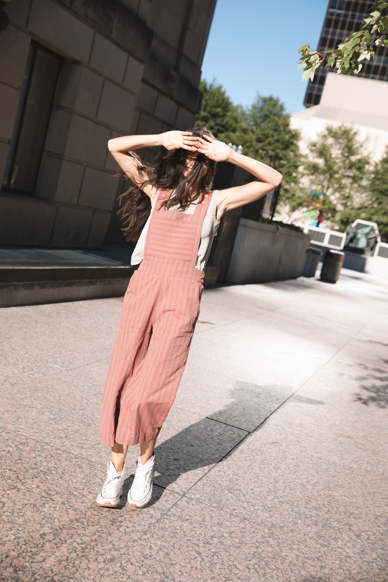 Dilsi Handwoven Cotton Overalls in Mauve and Dust Stripe Made to Order